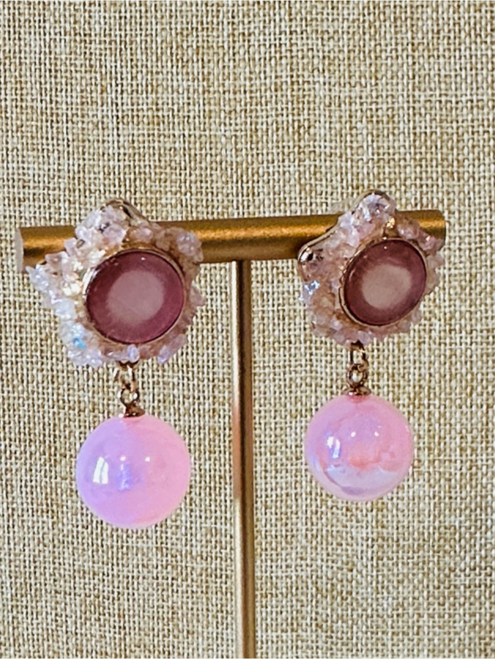 Fashion Jewelry Gold-Tone Earrings with Pink Opalescent Drops